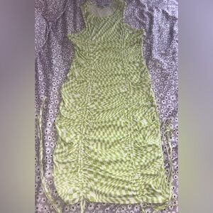 Almost Famous Lime Check Ruched Midi Dress